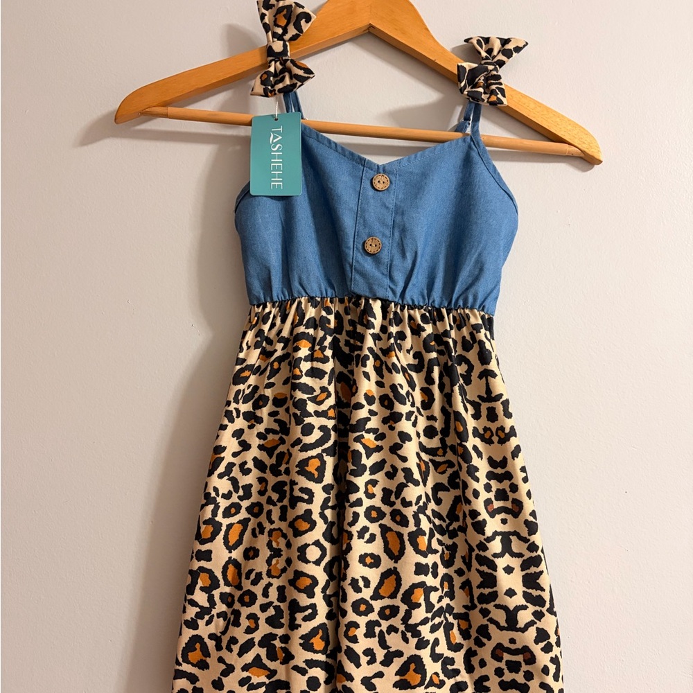 Brand New Girls' Blue Denim & Leopard Print Tie-Strap Dress